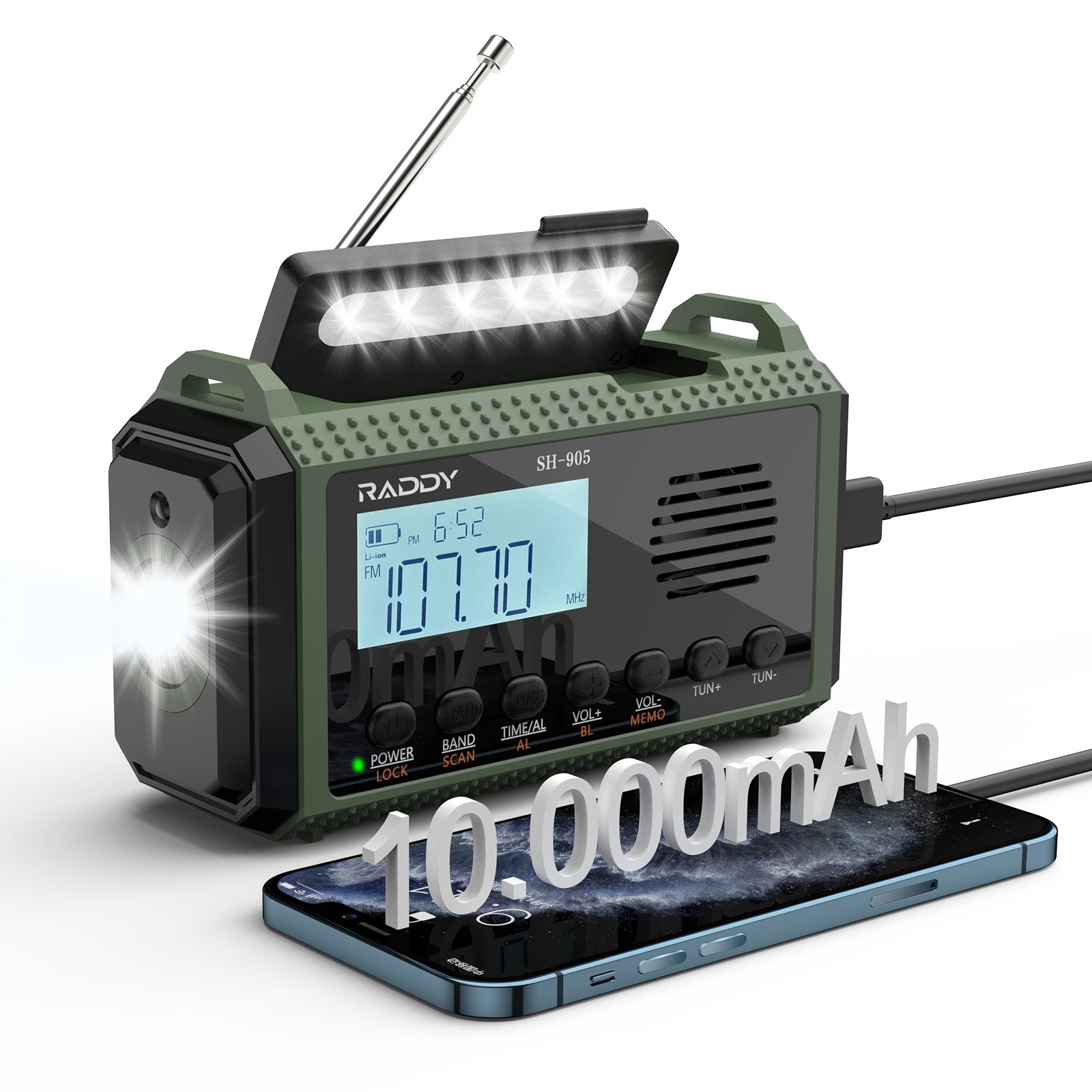 Raddy SH-905 Emergency Radio | 10000mAh | AM/FM/SW/NOAA | Solar Hand Crank | Reading Lamp