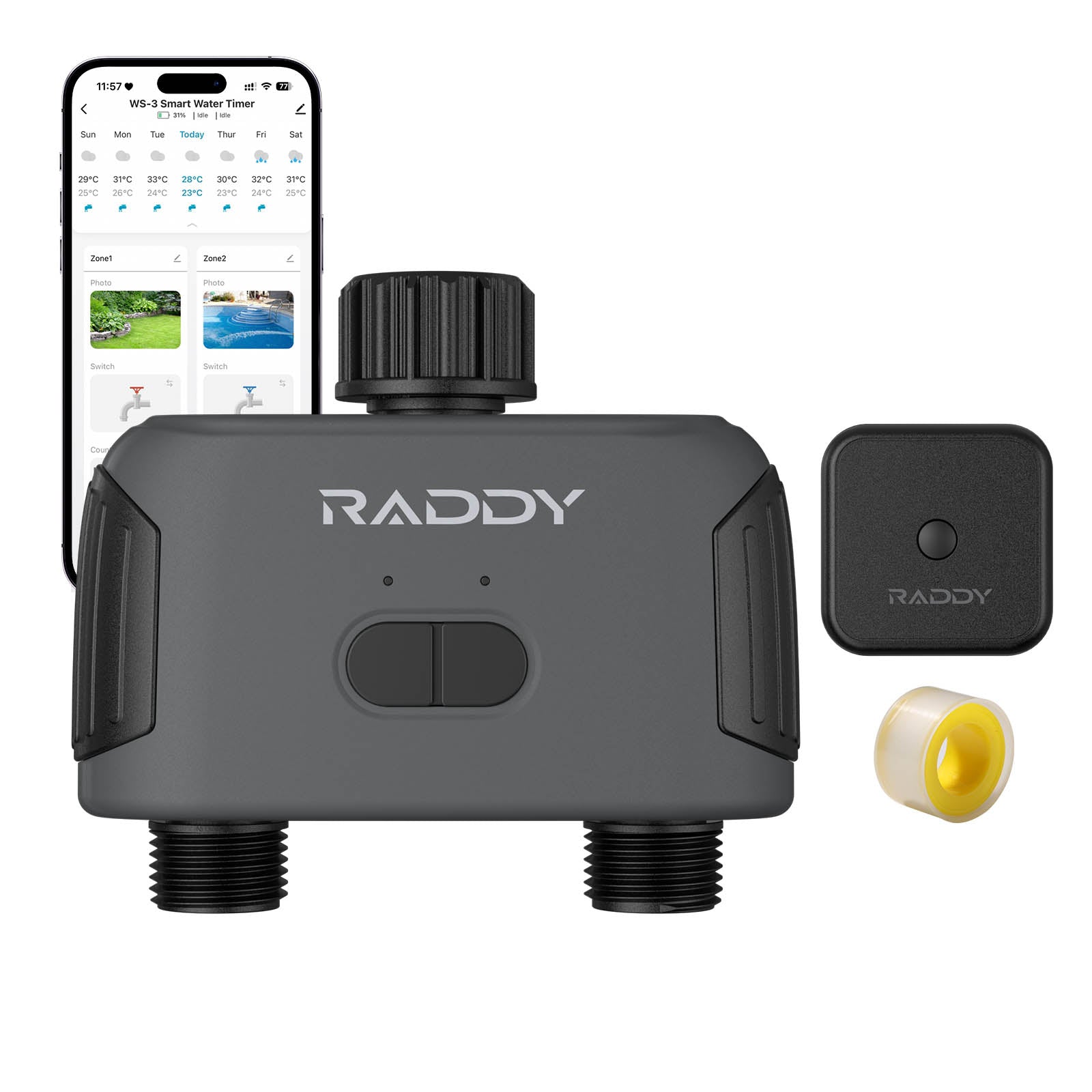 Raddy WS-3 WiFi Sprinkler Timer | 2 Zone | IPX5 Waterproof | APP Control | Automatic Irrigation System - Radioddity