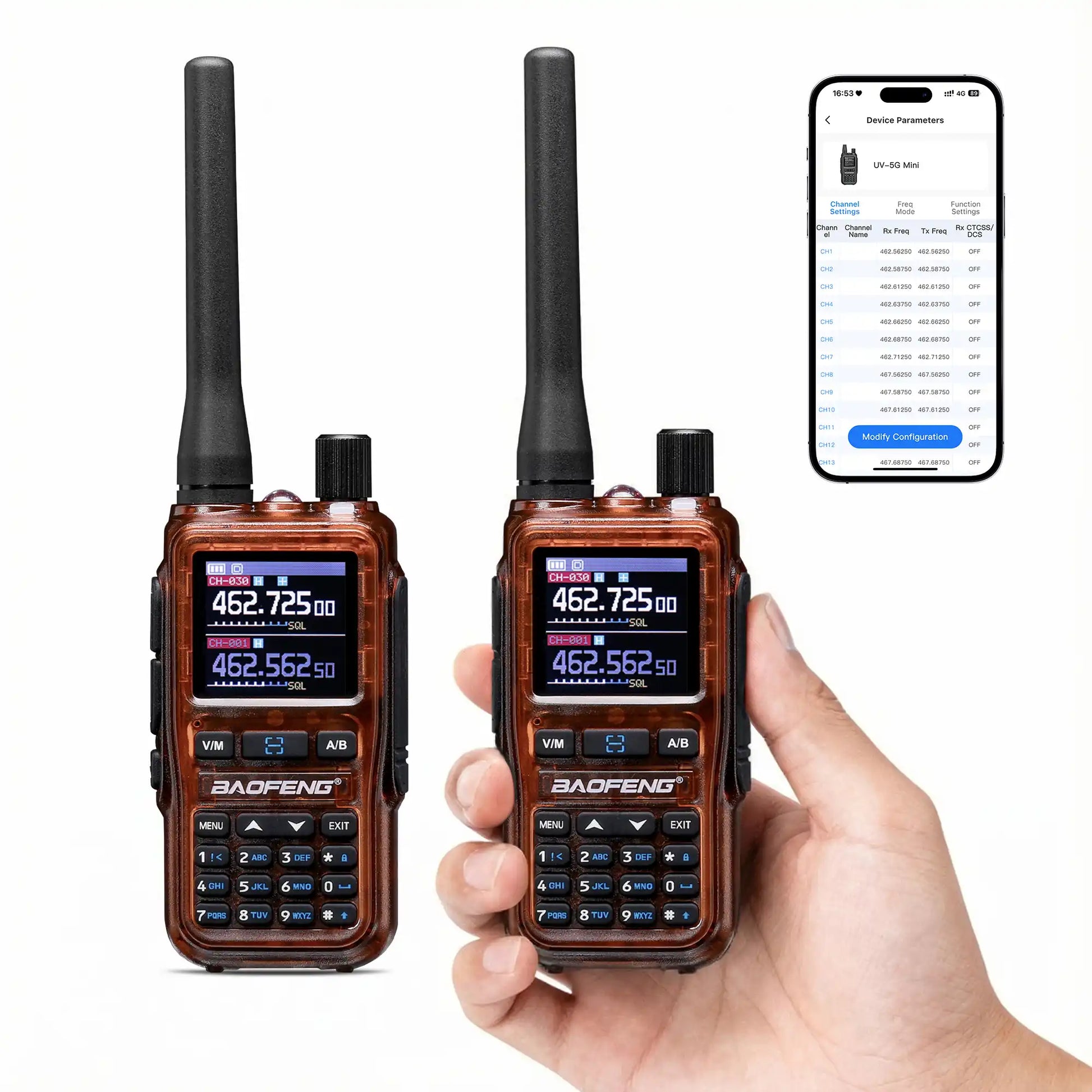Two Baofeng walkie-talkies held in a hand with a smartphone displaying app interface.