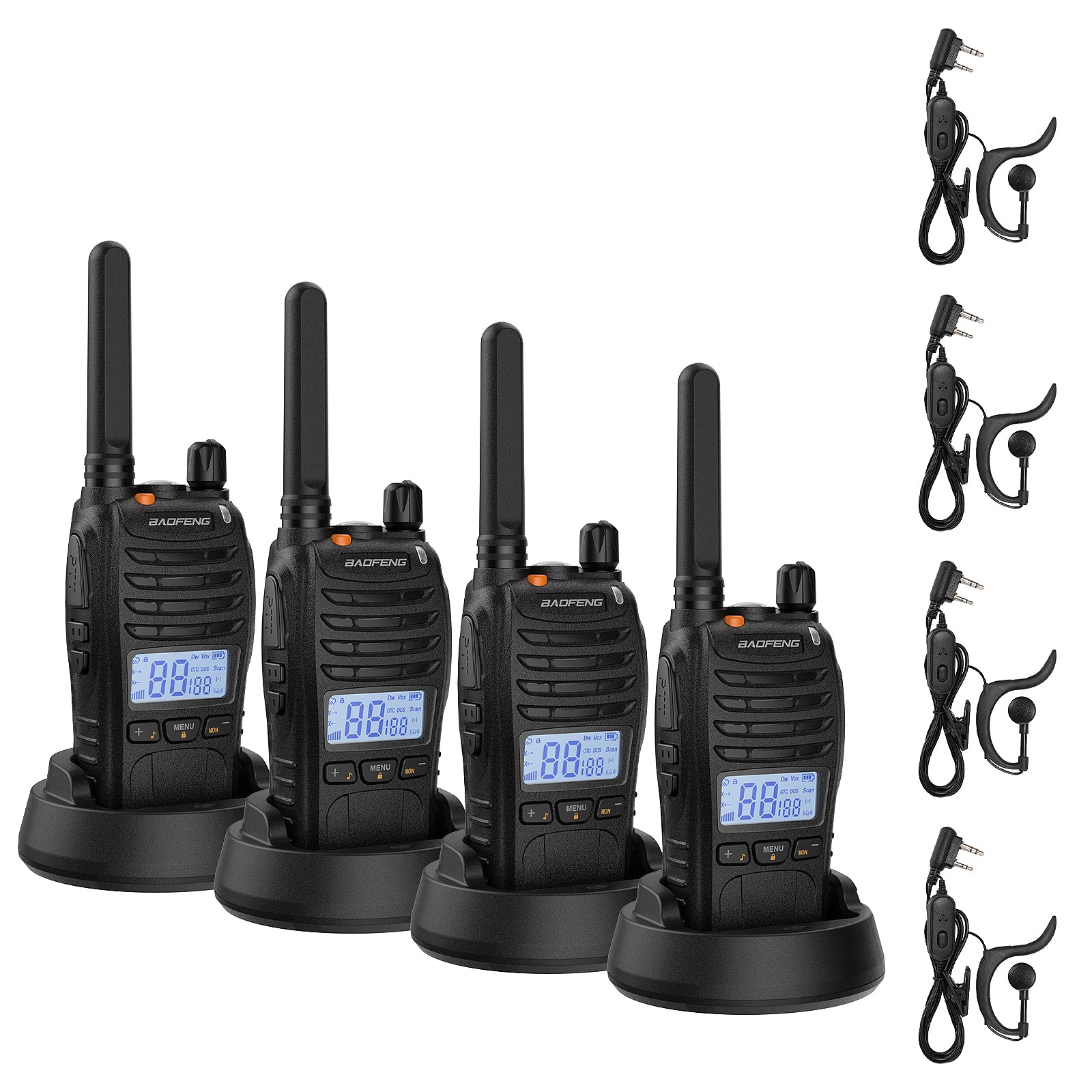 Four black walkie-talkies with earpieces and charging cables on a white background