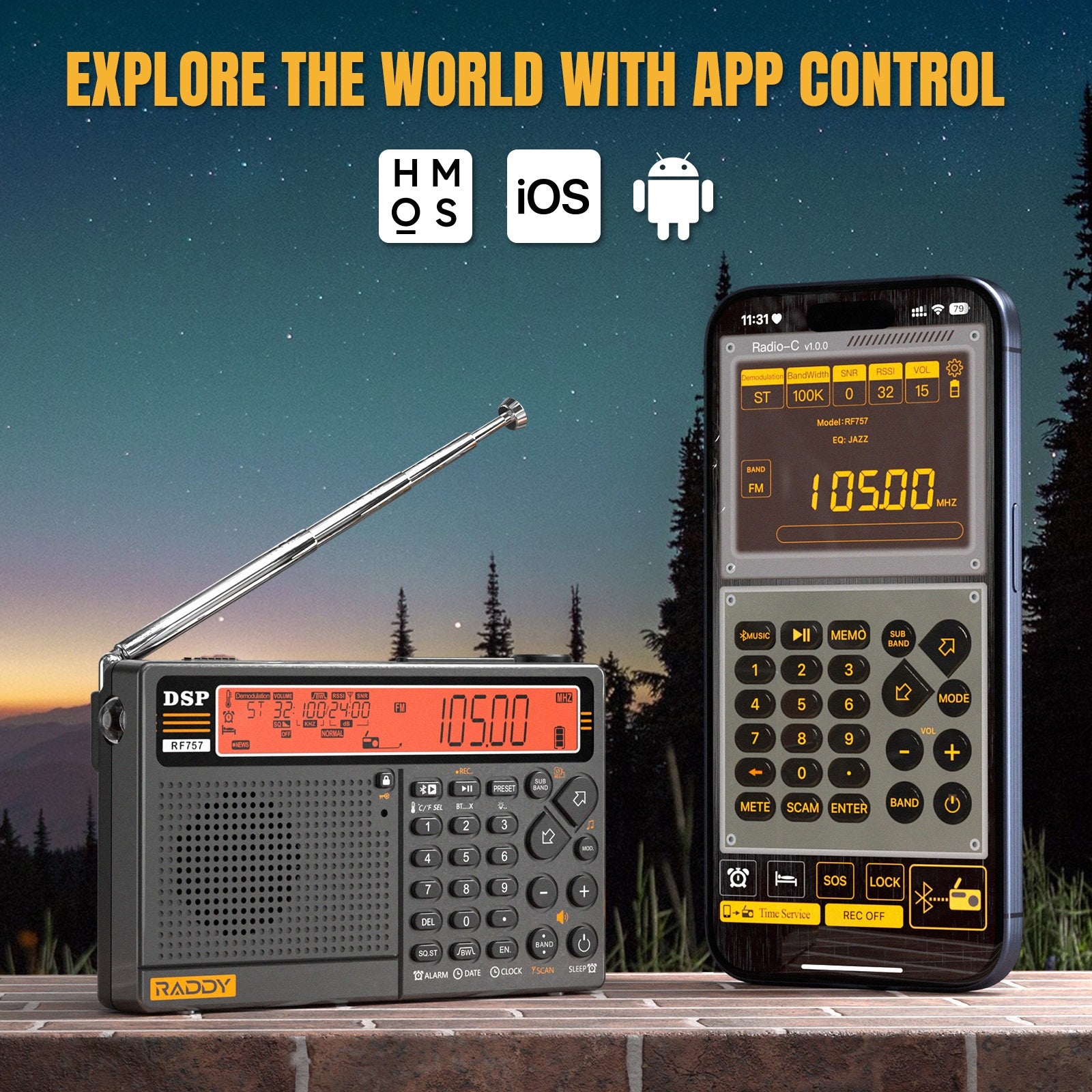 Raddy RF757 Shortwave Radio | APP Control | AM/FM/SW/VHF/UHF/CB/AIR/NOAA | 1000 Presets | Bluetooth 5.0 | 2500mAh Battery - Radioddity