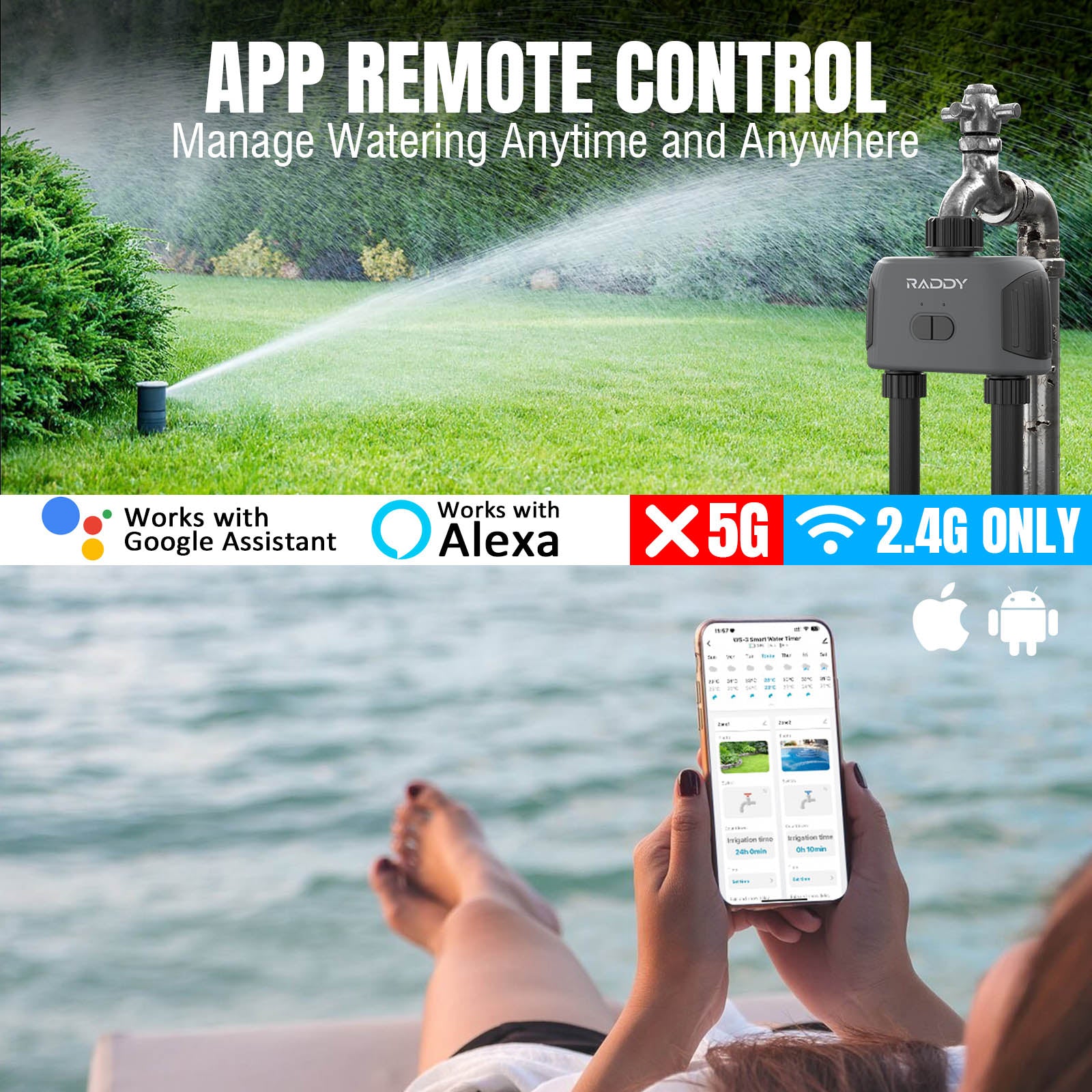 Raddy WS-3 WiFi Sprinkler Timer | 2 Zone | IPX5 Waterproof | APP Control | Automatic Irrigation System - Radioddity