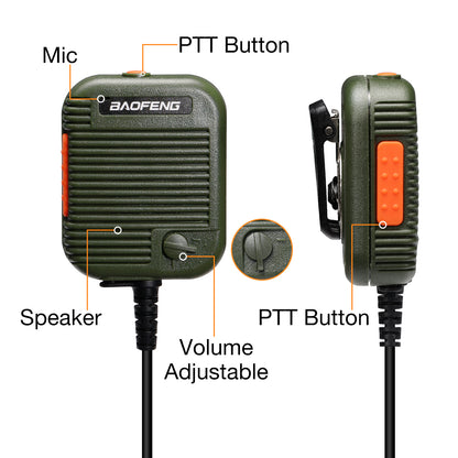 Baofeng BS-UV25 Tactical Speaker Mic | Volume Adjustable | For Radioddity Baofeng TYT WouXun Kenwood | Dual PTT | K Plug