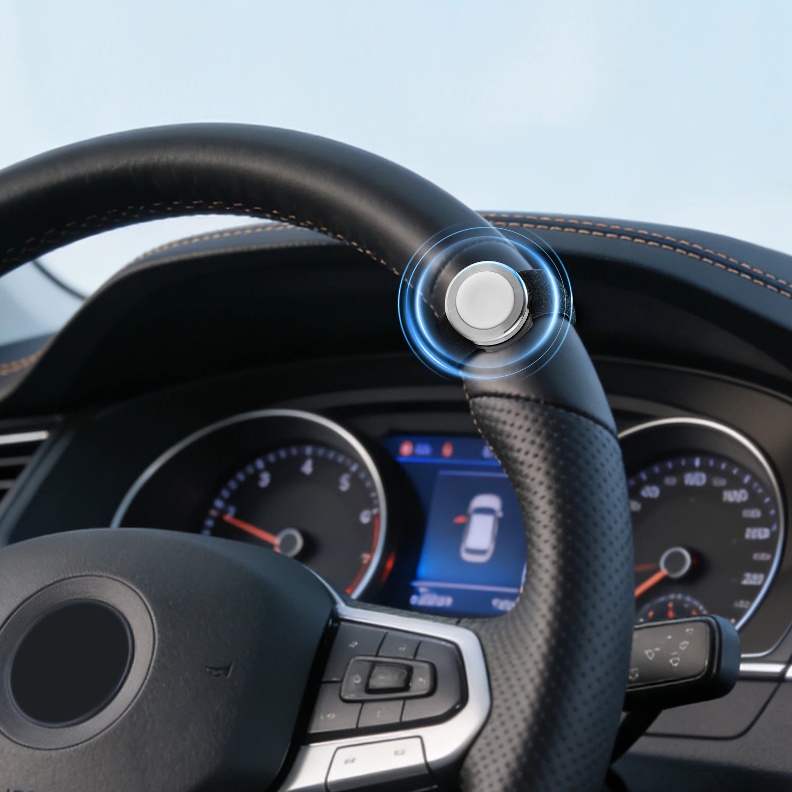 Steering wheel with a Radioddity K2 Bluetooth PTT Button in a car interior