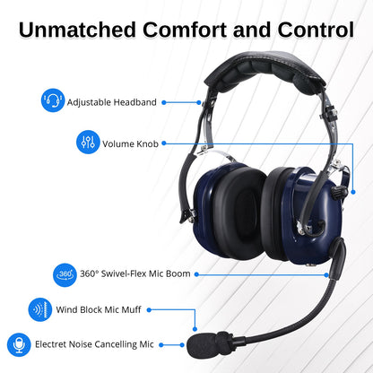 Radioddity AH200 General Aviation Headset | 24dB Noise Reduction | Adjustable Headband | 360° Full Flex Mic Boom - Radioddity