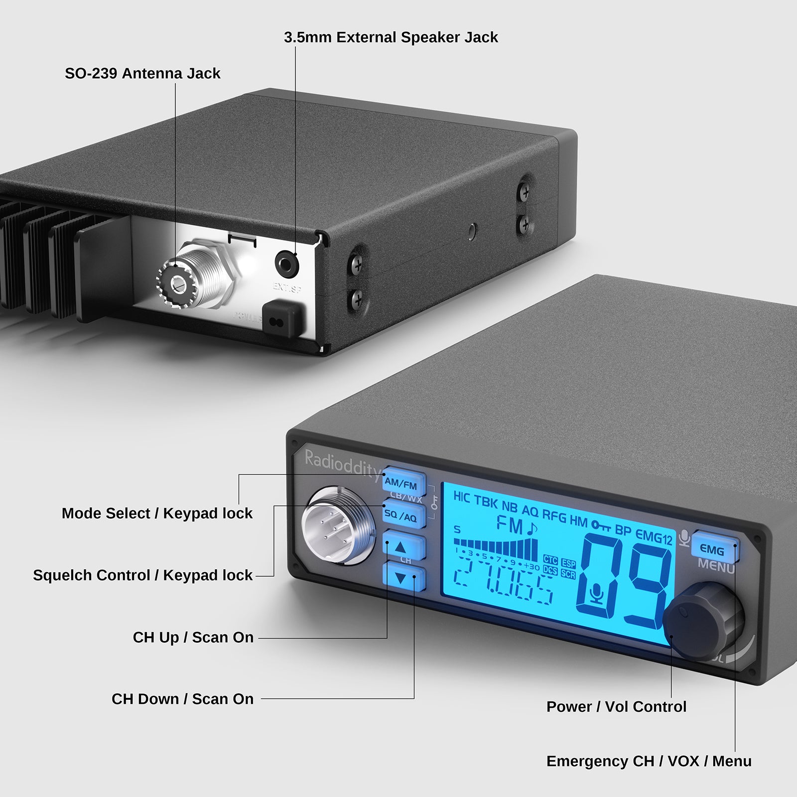 Radioddity CB-500 CB Radio | Description of button functions