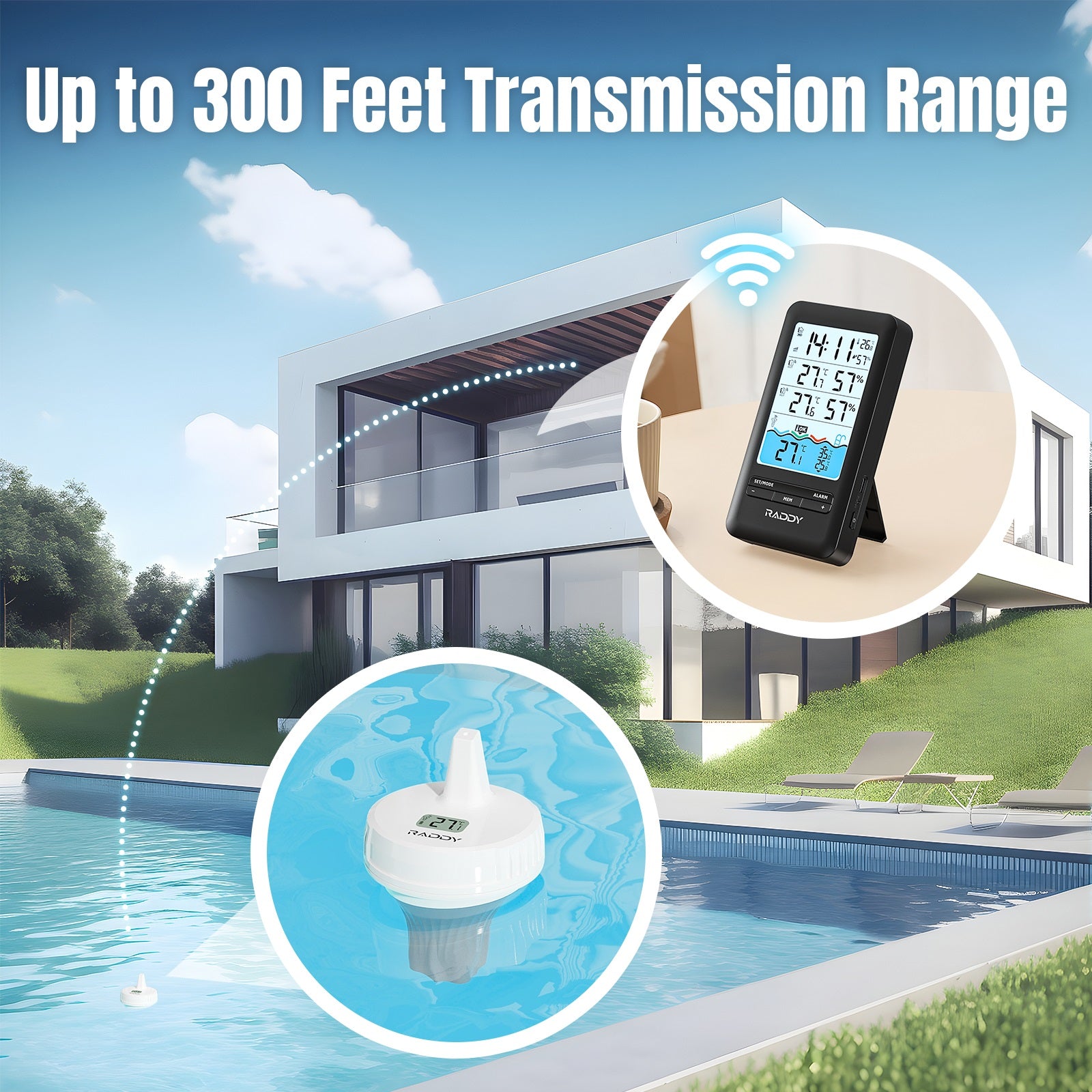 Raddy PT-3 Wi-Fi Pool Thermometer | LCD Display | IPX7 Waterproof | APP Remote Monitor | Rechargeable | Additional Remote Sensors - Radioddity