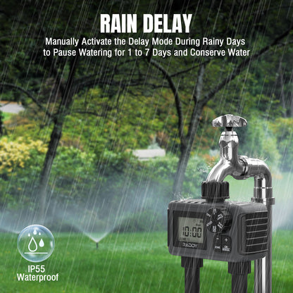 Raddy WS-5 Water Timer | 2 Outlet | IP55 Waterproof | Large Screen | Low BatteryAlert | Rain Delay | Manual Mode