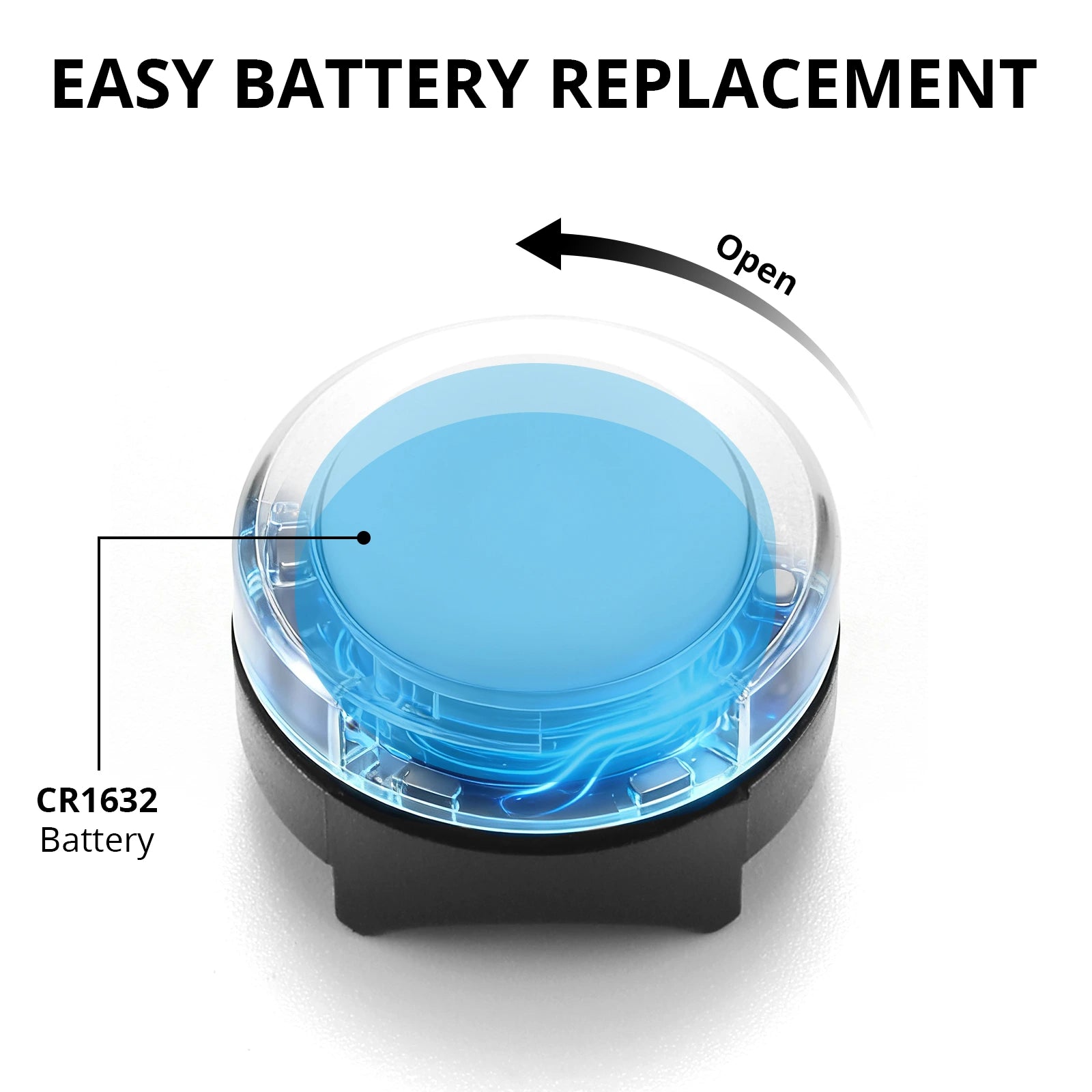Battery replacement mechanism with clear cover and labeled CR1632 battery on a white background.