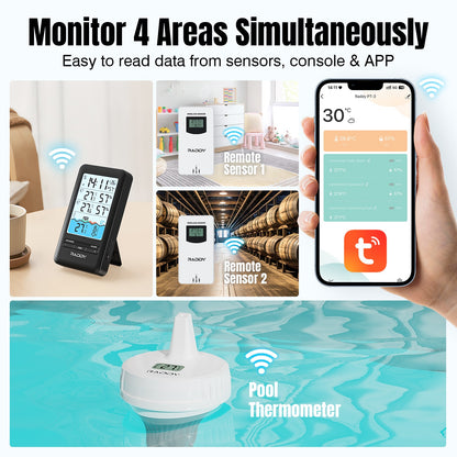 Raddy PT-3 Wi-Fi Pool Thermometer | LCD Display | IPX7 Waterproof | APP Remote Monitor | Rechargeable | Additional Remote Sensors - Radioddity