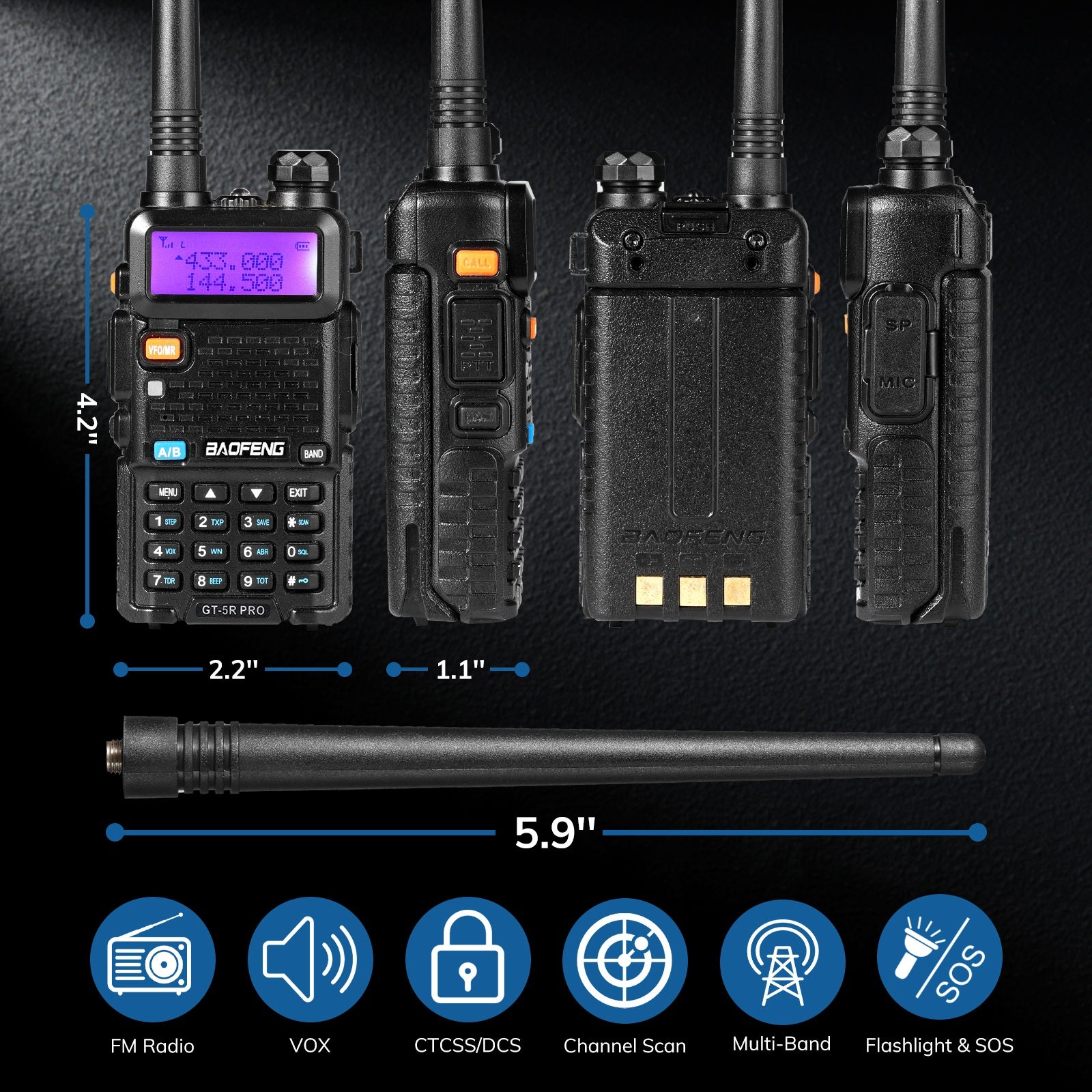 Baofeng GT-5R Pro Ham Radio | 5W | Dual Band  | UHF/VHF/FM/Airband/NOAA Receiver | 128 CH | 1800mAh Battery | Supports CHIRP - Radioddity