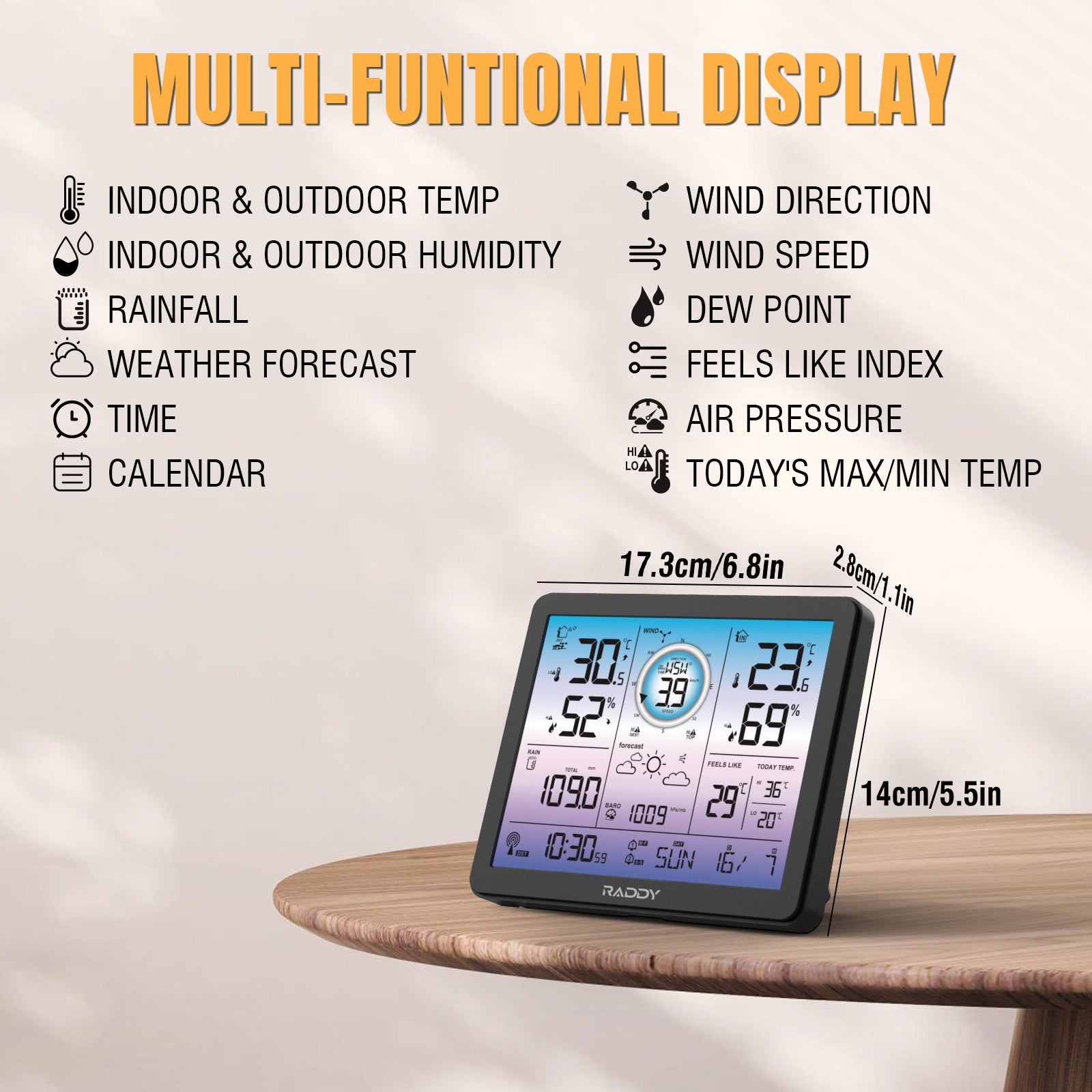 Raddy VP7 Weather Station | Multi-funtional display