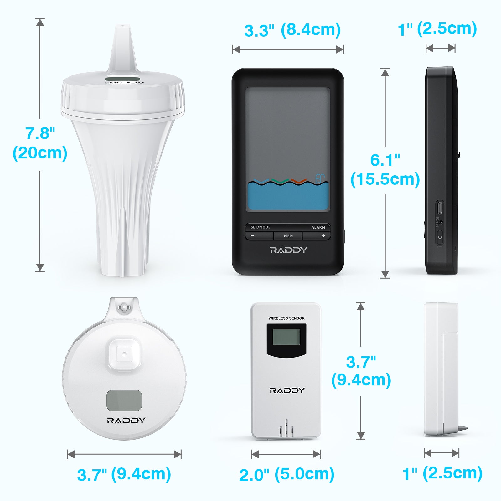 Raddy PT-3 Wi-Fi Pool Thermometer | LCD Display | IPX7 Waterproof | APP Remote Monitor | Rechargeable | Additional Remote Sensors - Radioddity