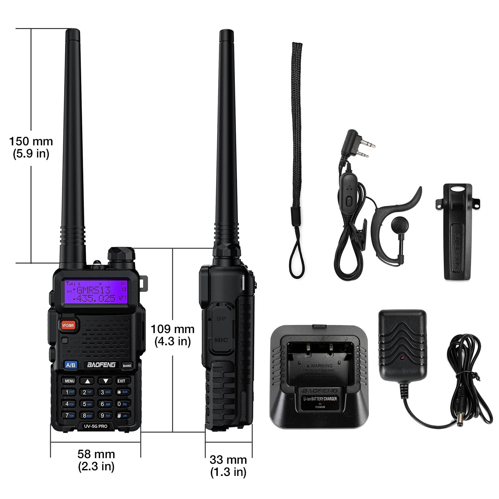 Baofeng UV-5G Pro GMRS Radio | NOAA/UHF/VHF/Airband Receiver | 5W | 128 Channels | GMRS Repeater Capable - Radioddity