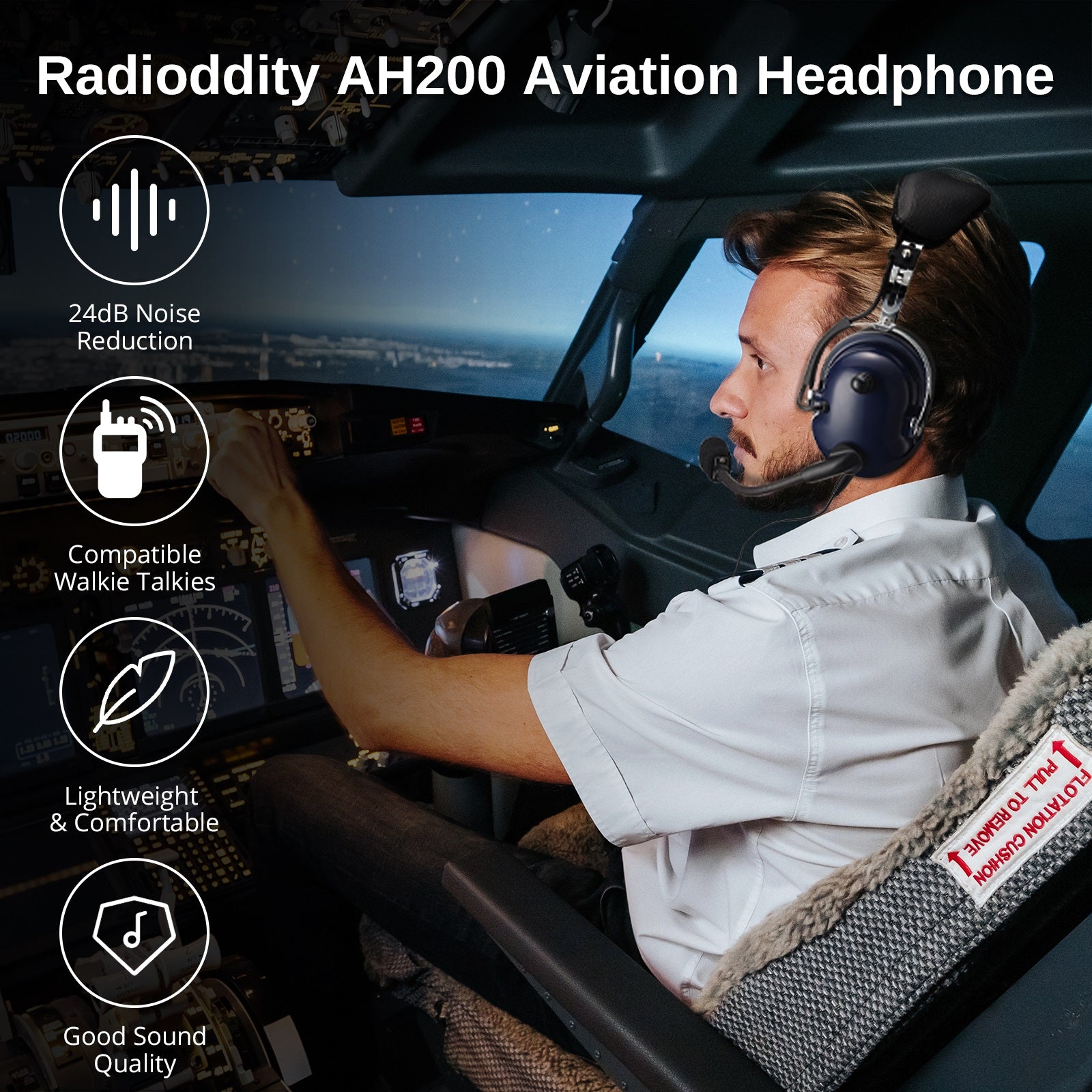 Radioddity AH200 General Aviation Headset | 24dB Noise Reduction | Adjustable Headband | 360° Full Flex Mic Boom - Radioddity