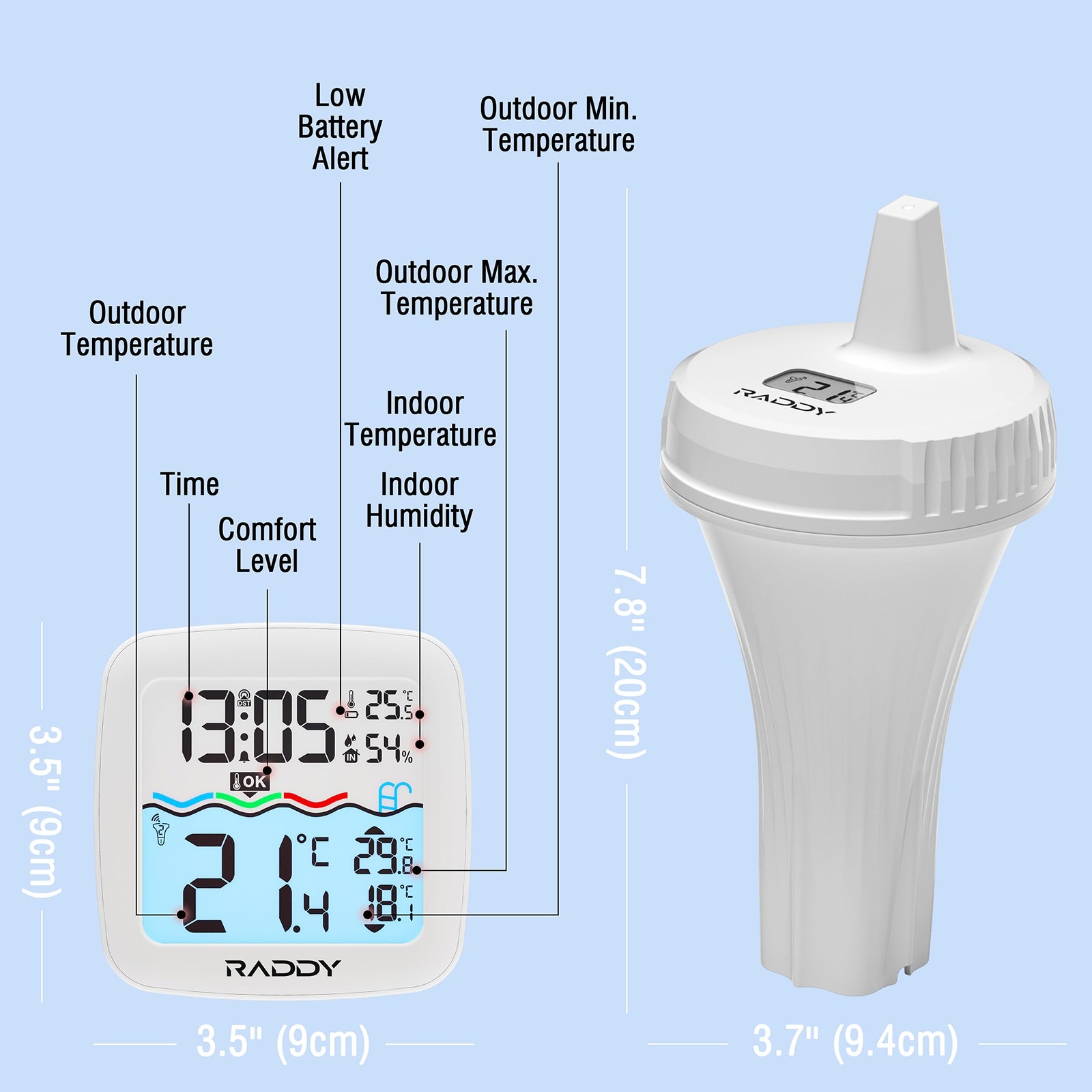 Raddy PT-2 Wireless Pool Thermometer | IPX7 | Alarm Clock | Water Comfort Level | for Pool Hot Tub Bathtub - Radioddity