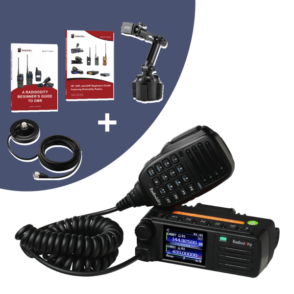 Radio communication equipment set with microphone, antenna, and accessories on a white background