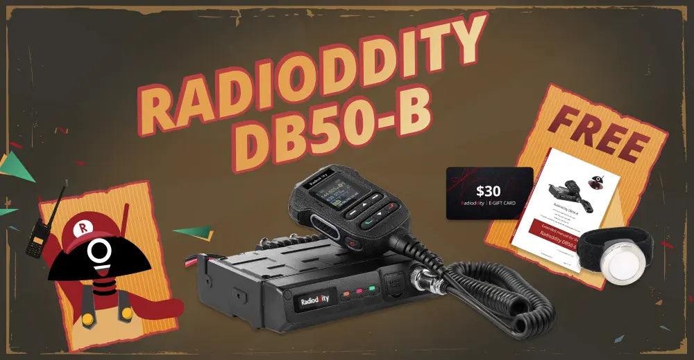 Radioddity DB50-B radio with promotional text and graphics on a dark background