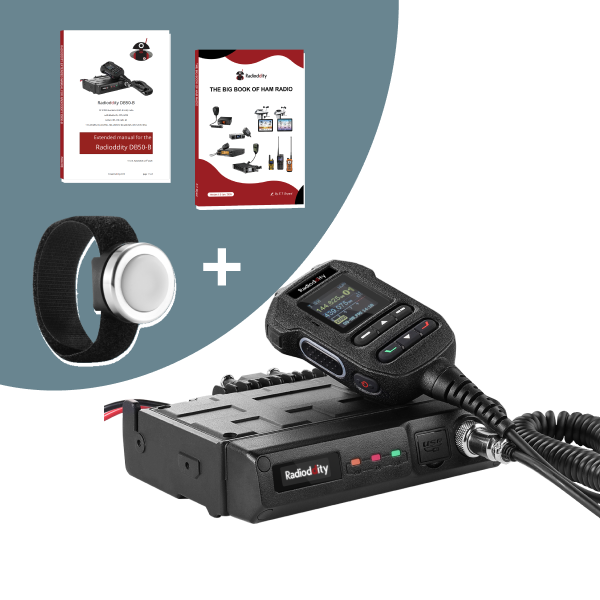 Radioddity radio with accessories and books on a white background