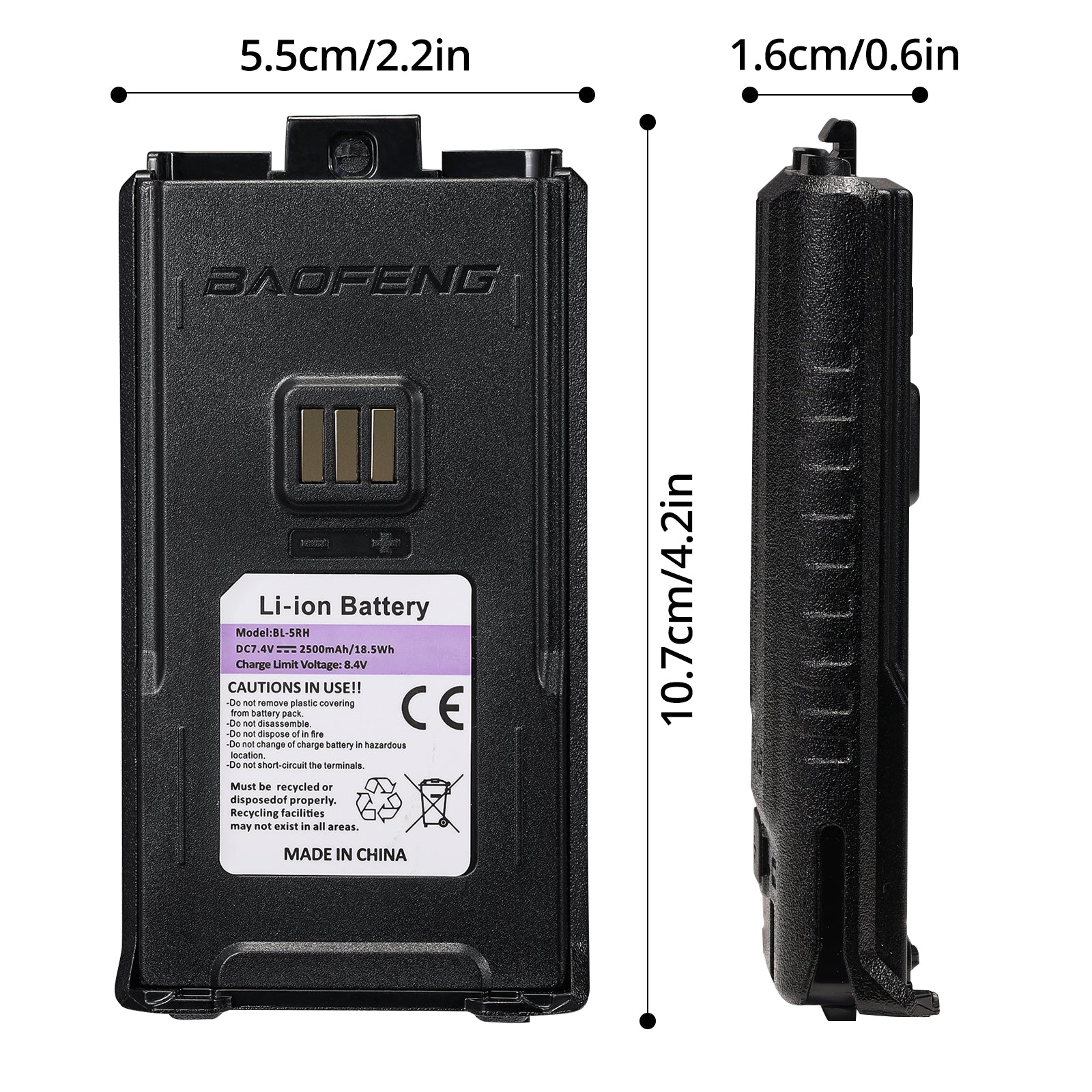 2500mAh Battery for Baofeng UV-5G Plus | Size