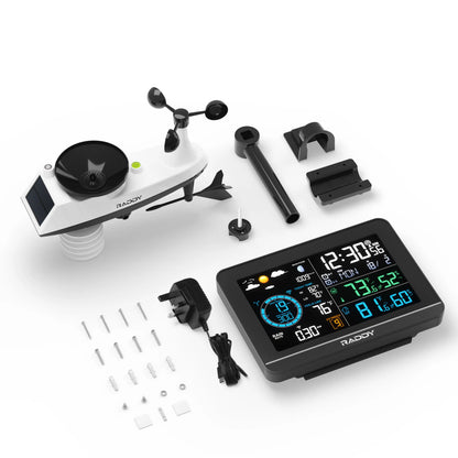 Raddy UV6 Professional Weather Station | 6" VA Display | Atomic Clock | UV & Light Index | 7-in-1 Outdoor Sensor | Up to 5 Areas Monitoring - Radioddity