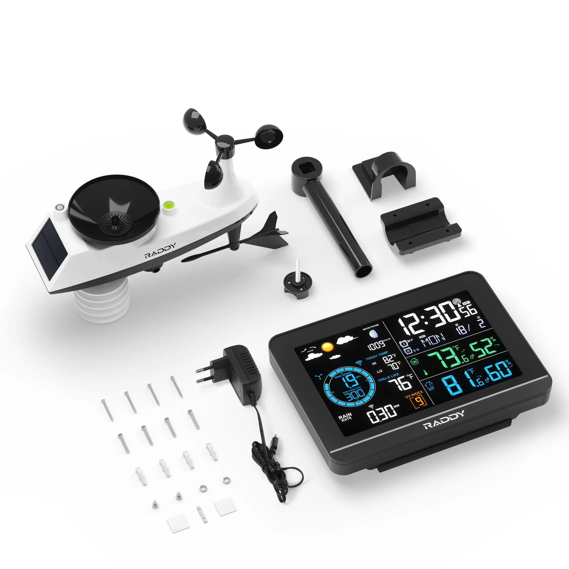 Raddy UV6 Professional Weather Station | 6" VA Display | Atomic Clock | UV & Light Index | 7-in-1 Outdoor Sensor | Up to 5 Areas Monitoring - Radioddity