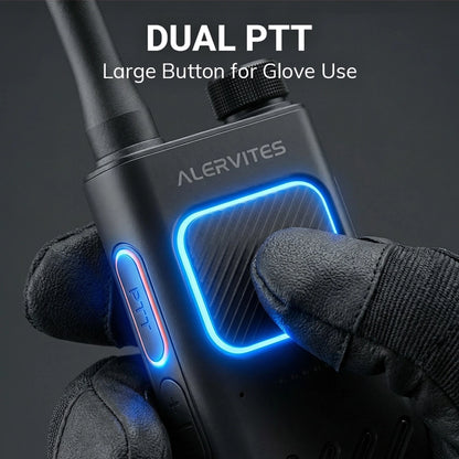Walkie talkie with large blue PTT button held in a gloved hand, brand 'Alervites' visible