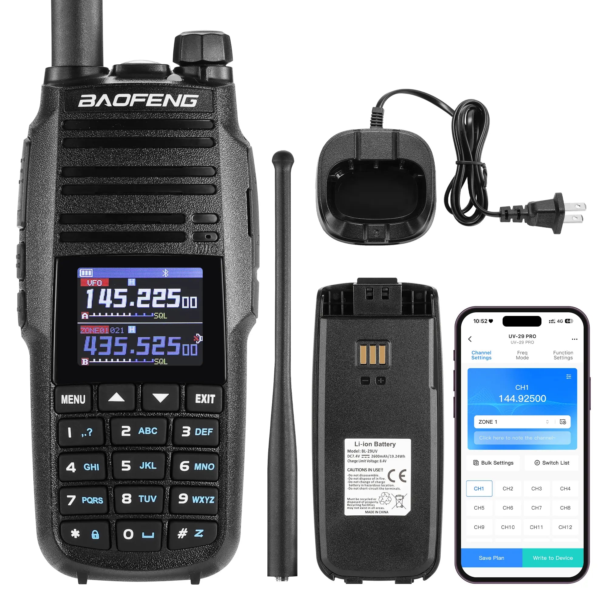 BAOFENG UV-29 Pro 10W UHF/VHF Two-Way Radio | Cross-Band Repeater | App Programming & BT Headset/PTT | Airband/NOAA/FM | 2600mAh USB-C | 1000 Channels