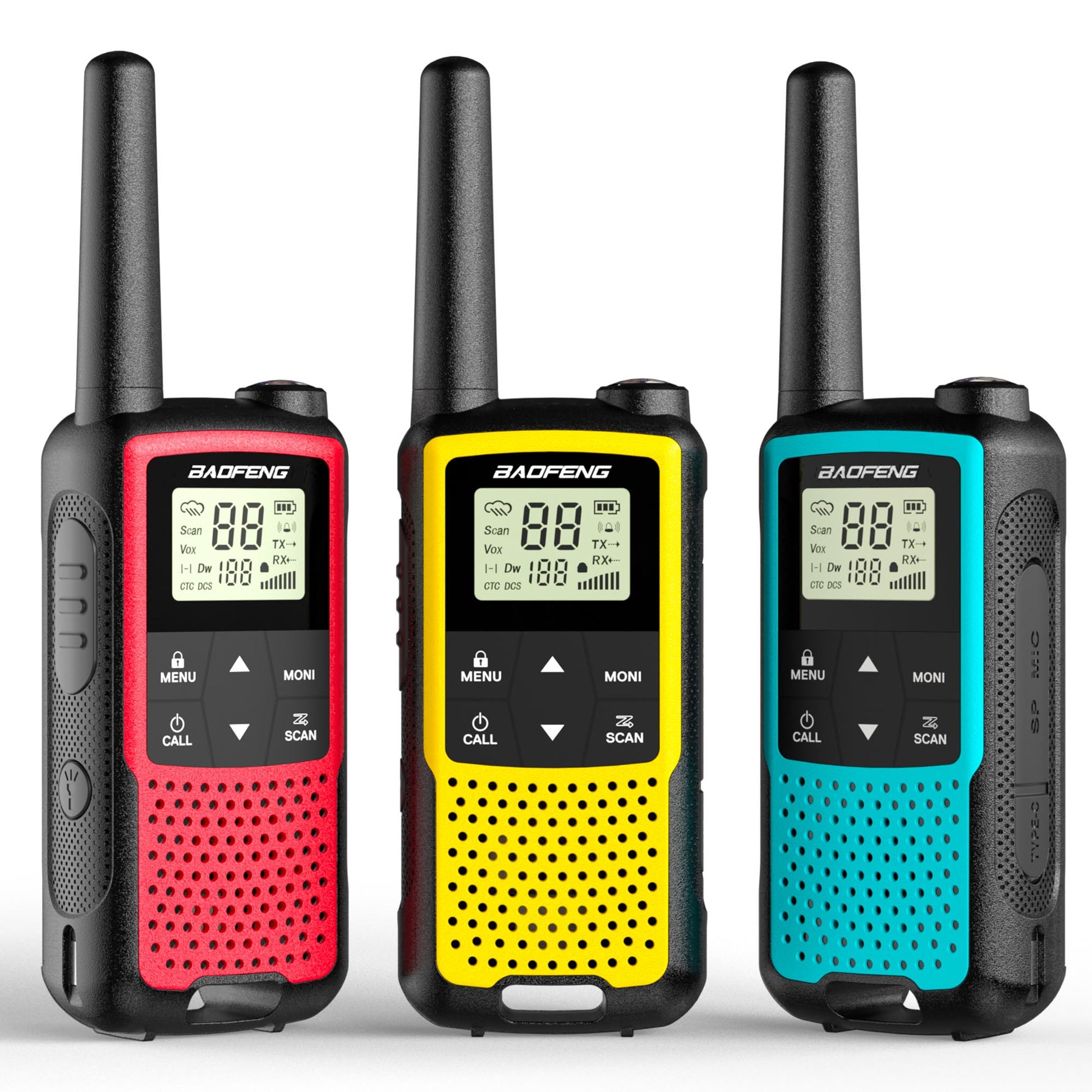 Three Baofeng BF-33C FRS/PMR Radio in red, yellow, and blue on a white background
