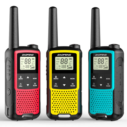 Three Baofeng BF-33C FRS/PMR Radio in red, yellow, and blue on a white background