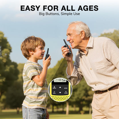 Grandfather and grandson playing with Baofeng BF-33C FRS/PMR Radio in a park, with text 'Easy for all ages' and 'Big Buttons, Simple Use'.