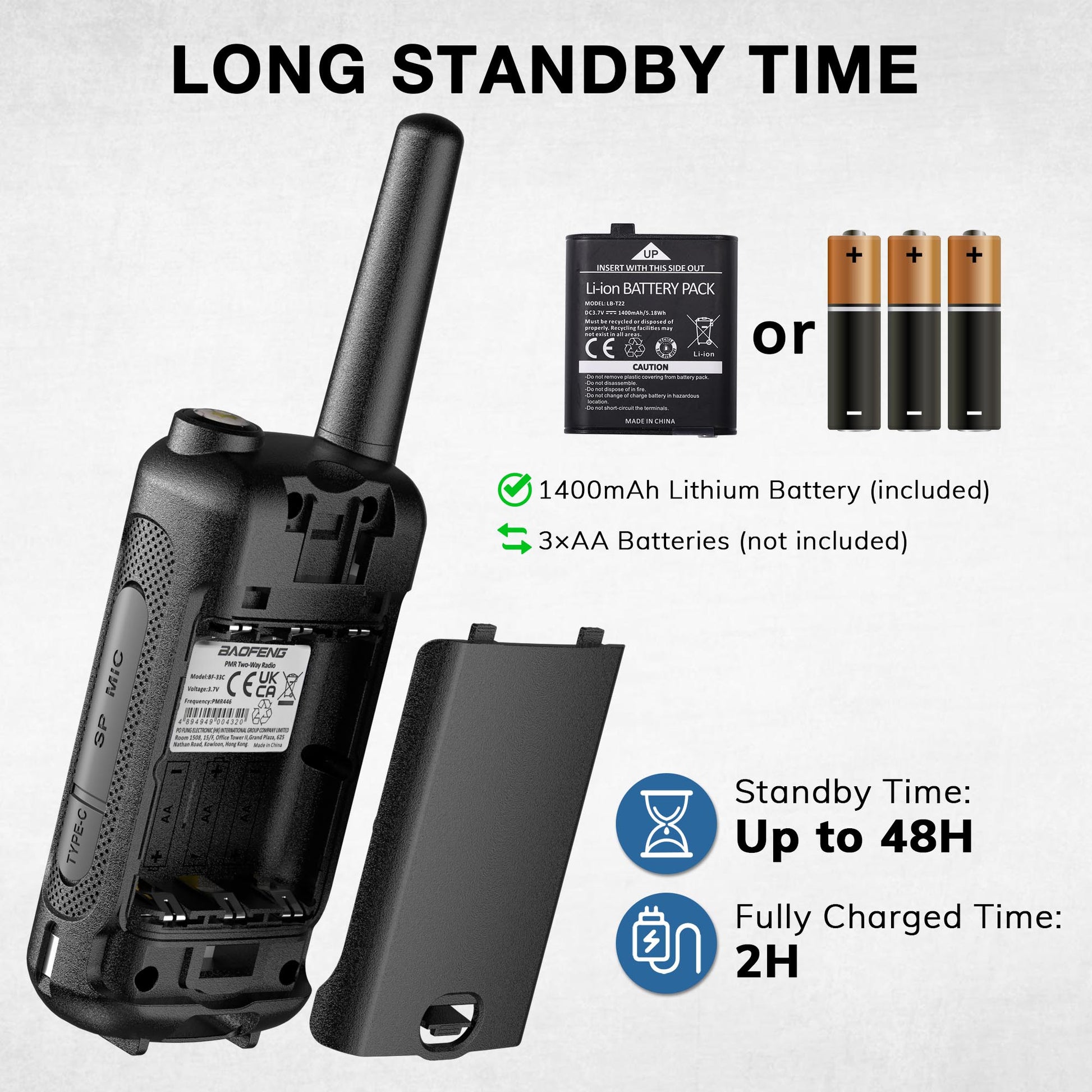 Black Baofeng BF-33C FRS/PMR Radio with battery pack and batteries on a white background, highlighting long standby time.
