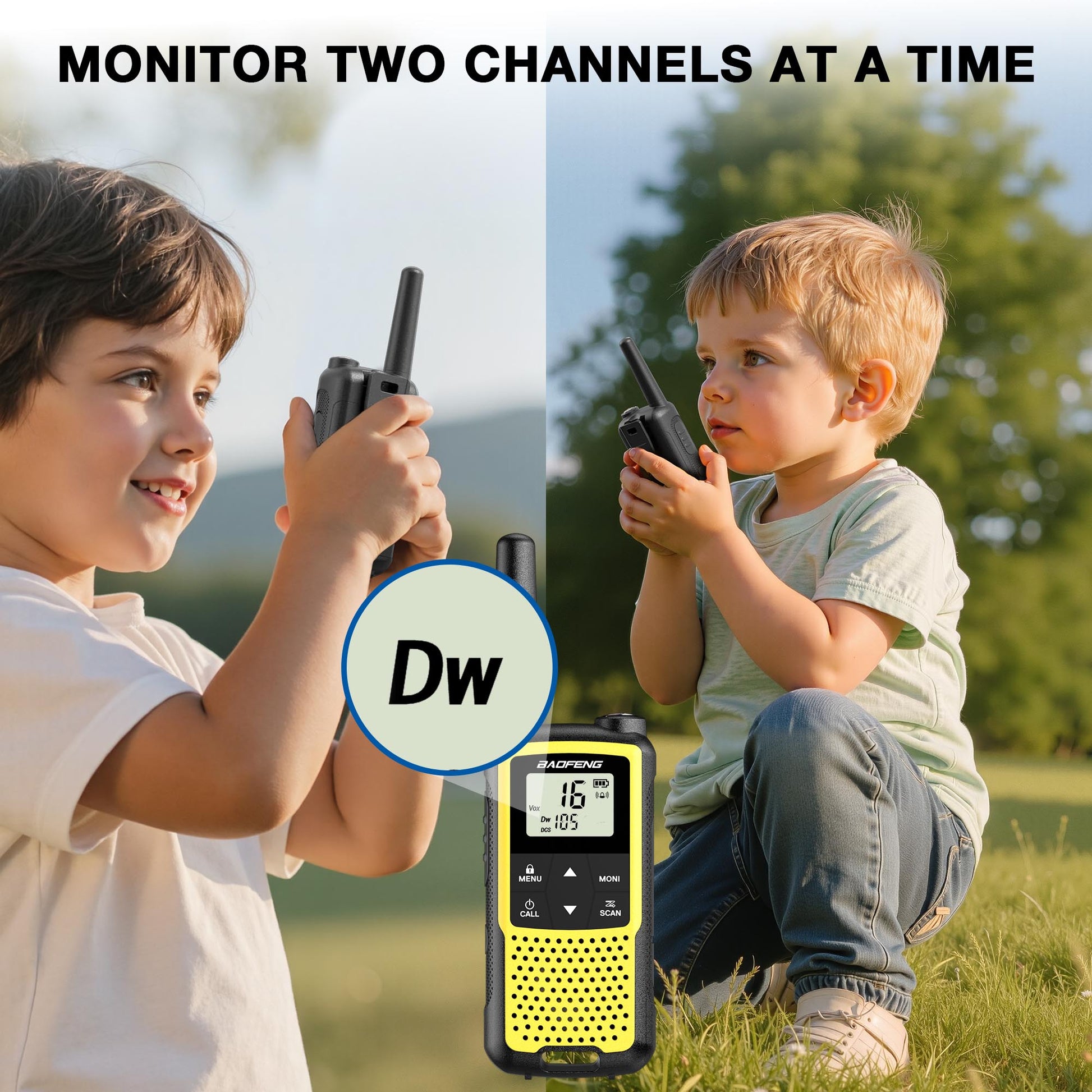Two children playing with Baofeng BF-33C FRS/PMR Radio in a grassy field, with a focus on the walkie-talkie device.