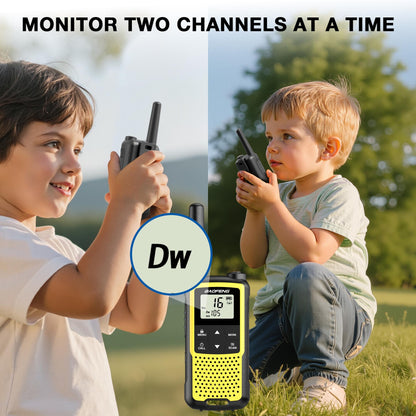 Two children playing with Baofeng BF-33C FRS/PMR Radio in a grassy field, with a focus on the walkie-talkie device.