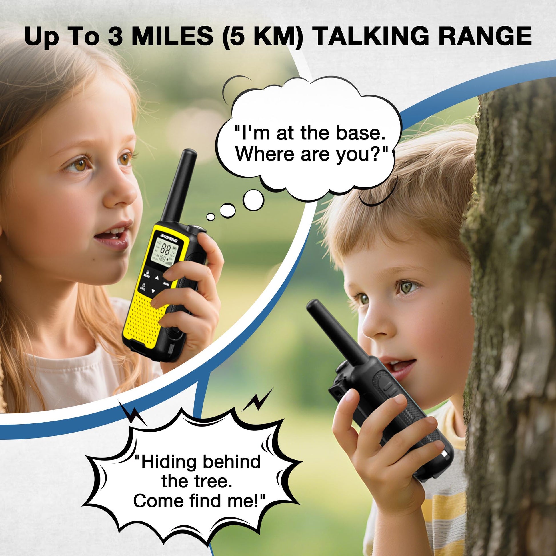 Two children playing with Baofeng BF-33C FRS/PMR Radio in a forest setting, with text indicating communication range.