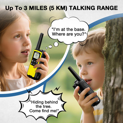 Two children playing with Baofeng BF-33C FRS/PMR Radio in a forest setting, with text indicating communication range.