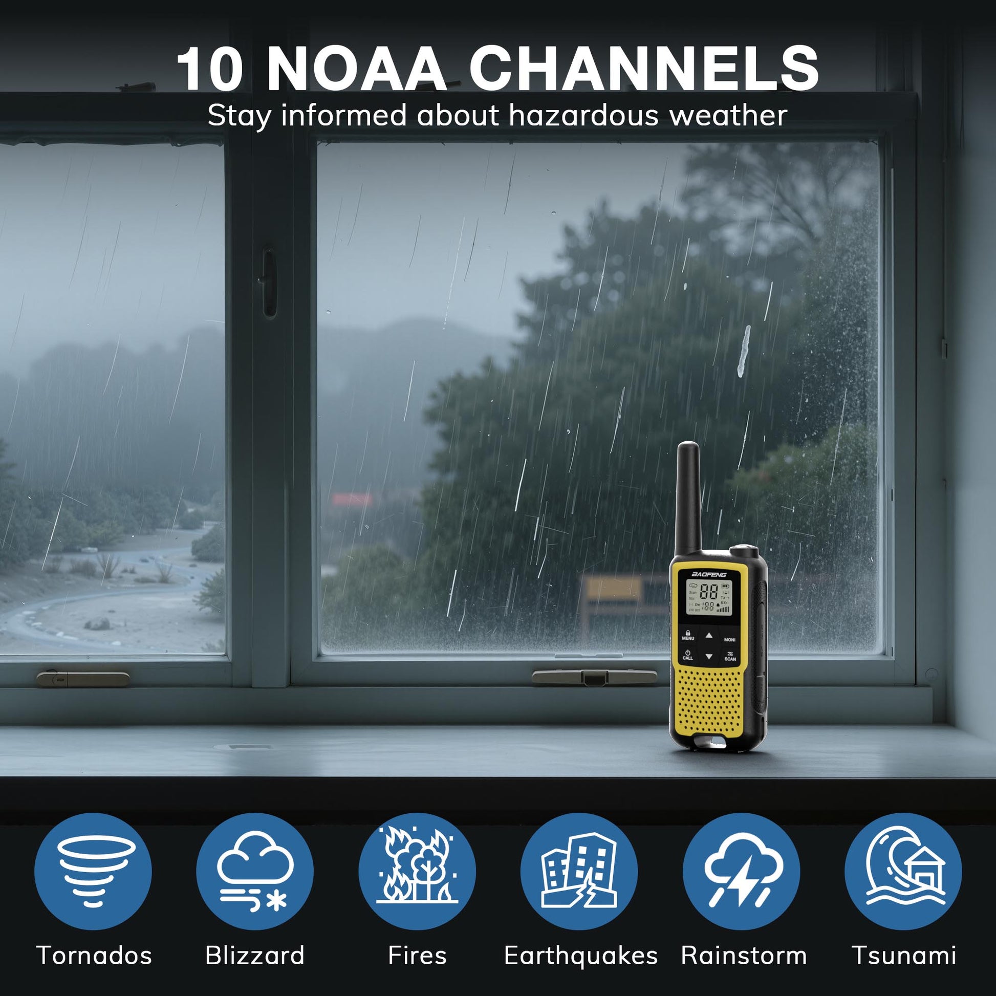 Baofeng BF-33C FRS/PMR Radio with 10 NOAA channels displayed in front of a rainy window