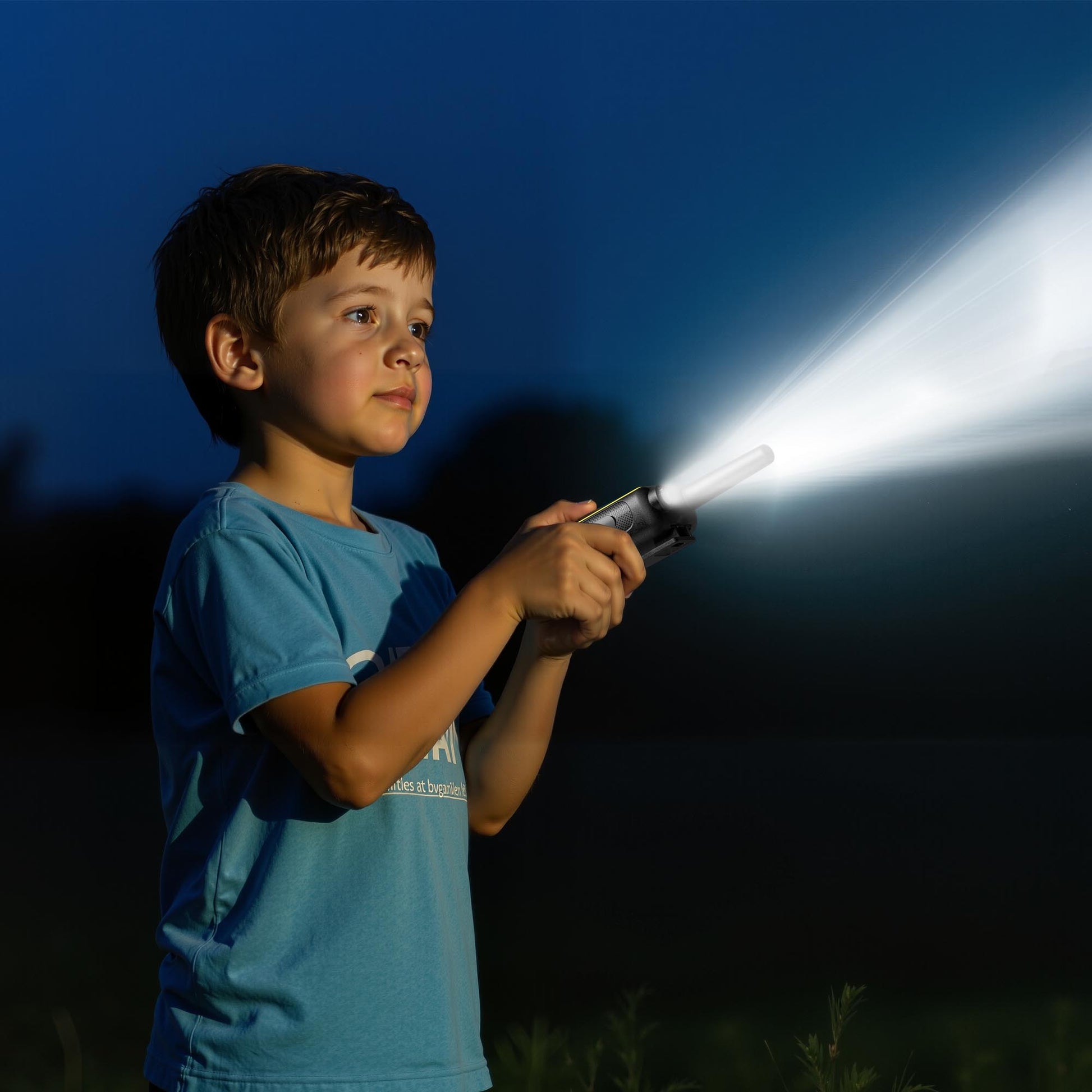 Child holding a flashlight in the dark