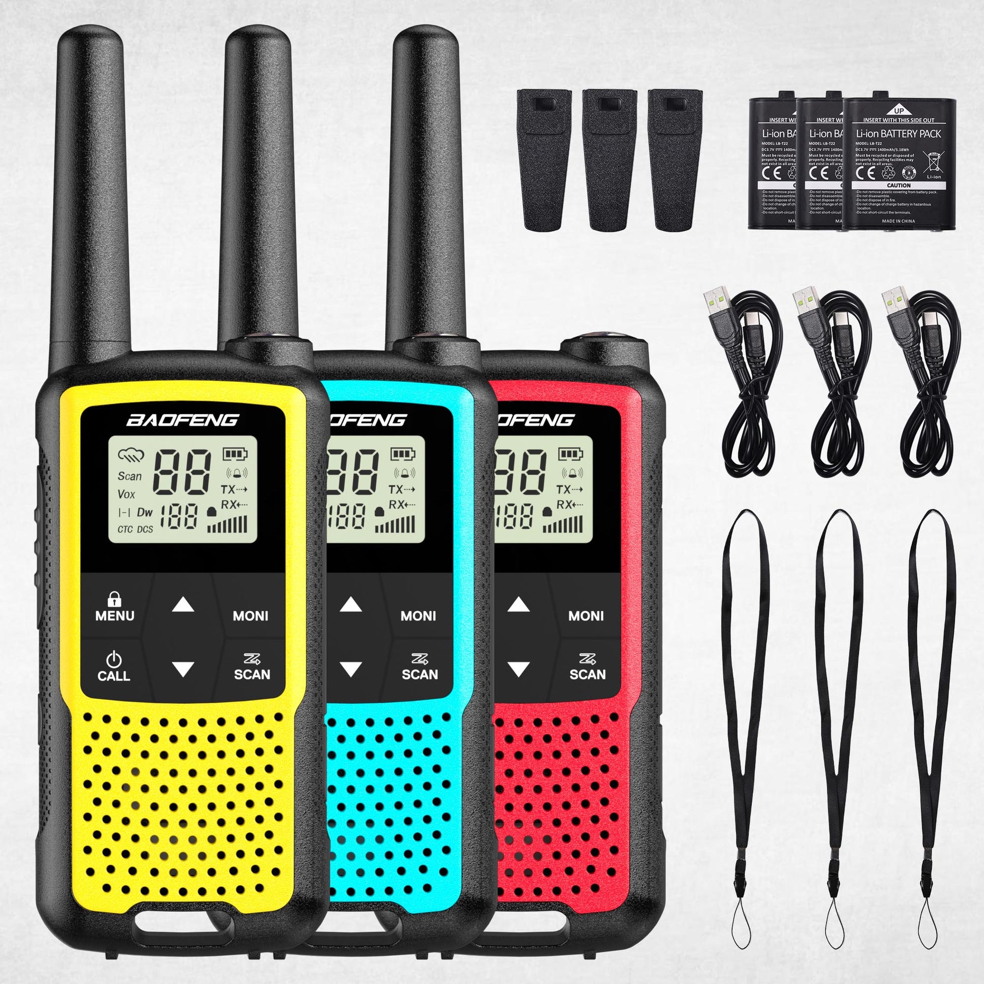 Three Baofeng BF-33C FRS/PMR Radios in yellow, blue, and red with accessories on a white background