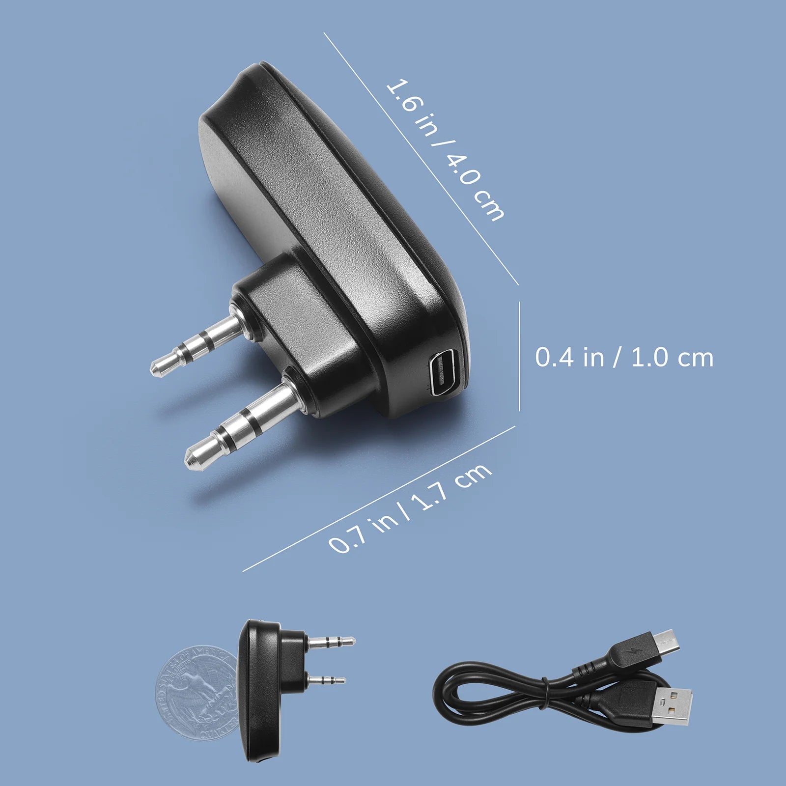 Black audio adapter with measurements on a blue background