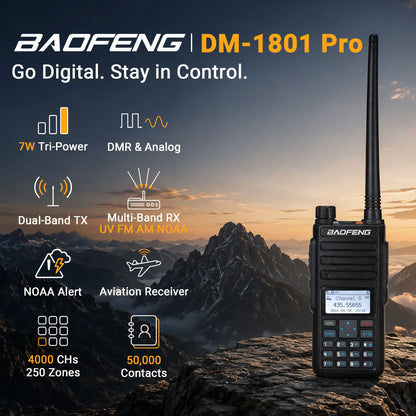 Baofeng DM-1801 Pro 7W DMR Radio | Dual Band VHF/UHF & AM Aviation RX | 4000 CH & 50K Contacts | Tier II Dual Slot | One-Key Frequency Copy