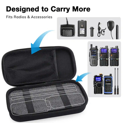 Black carrying case for radios and accessories with text 'Designed to Carry More Fits Radios & Accessories'.
