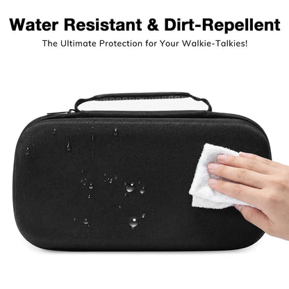 Black carrying case with water droplets and a hand wiping it, text 'Water Resistant & Dirt-Repellent' above.