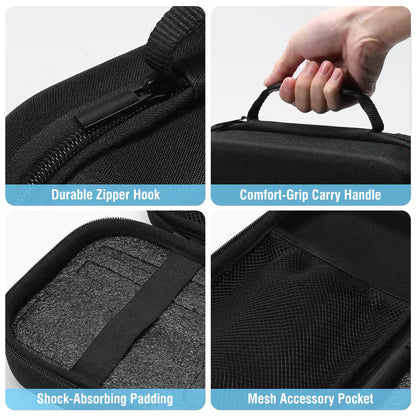 Black carrying case with durable zipper hook, comfort-grip handle, shock-absorbing padding, and mesh accessory pocket.