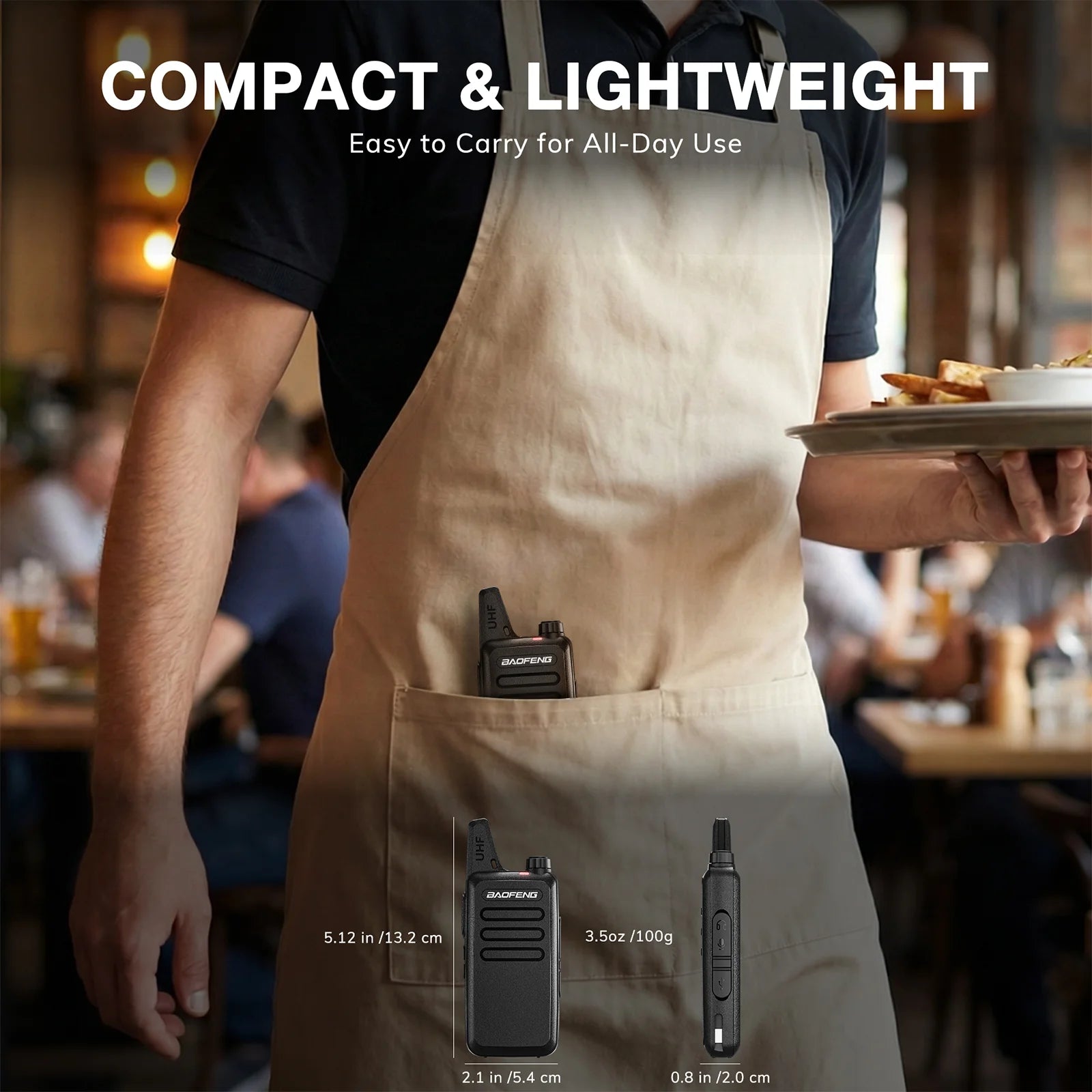 Person wearing a beige apron with a T22 walkie-talkie, set against a restaurant background.