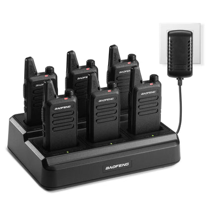 Set of Baofeng T22 walkie-talkies on a charging station with an inset showing a close-up of one of the radios.
