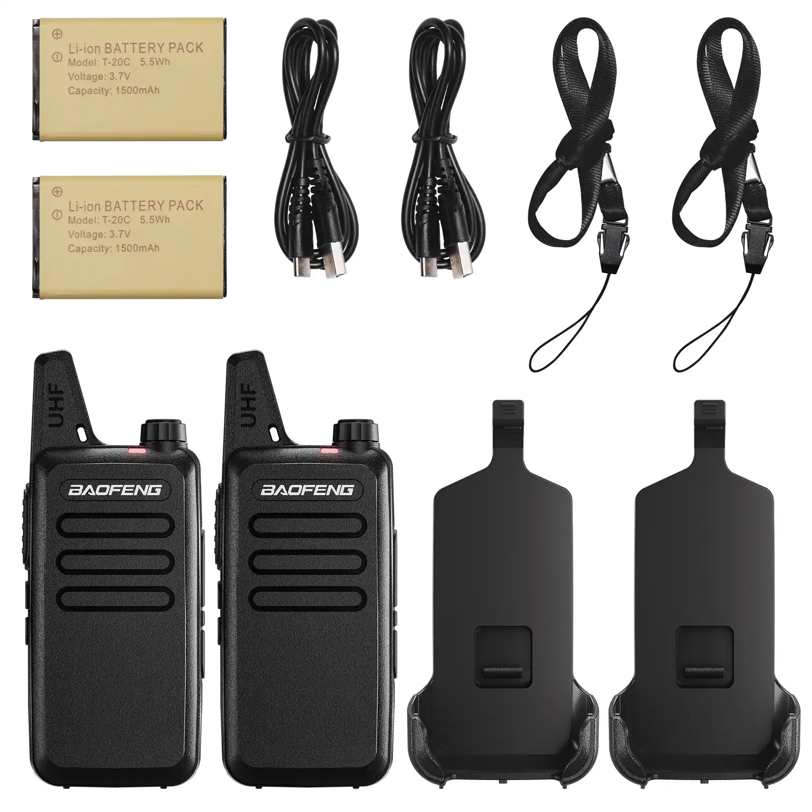 Set of two T22 walkie-talkies with batteries, cables, and lanyards on a white background