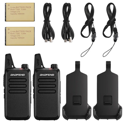Set of two T22 walkie-talkies with batteries, cables, and lanyards on a white background