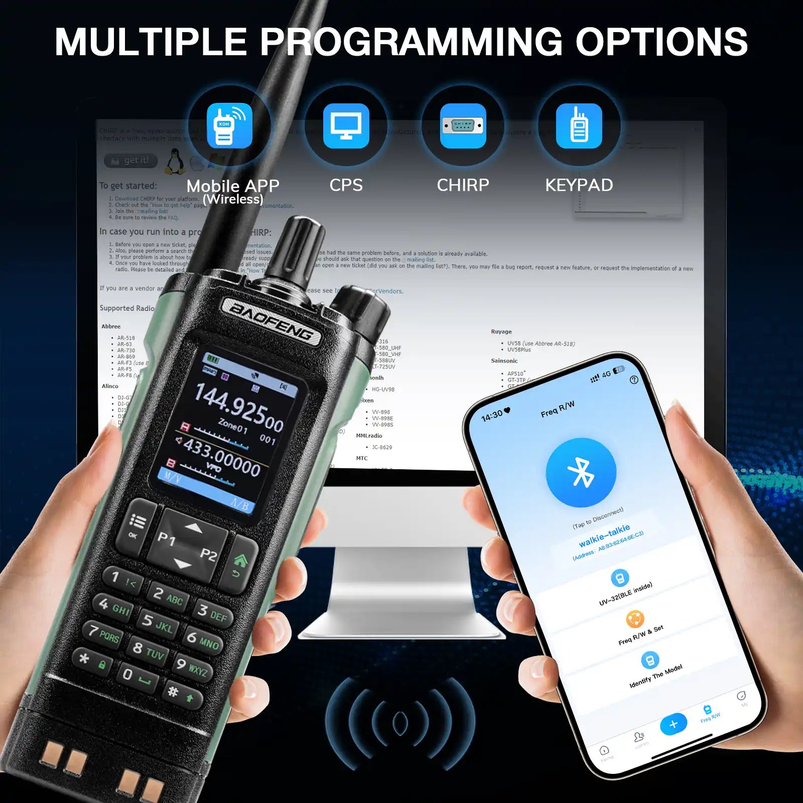 Baofeng UV-32 radio with smartphone app showing multiple programming options on a dark background