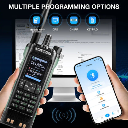 Baofeng UV-32 radio with smartphone app showing multiple programming options on a dark background